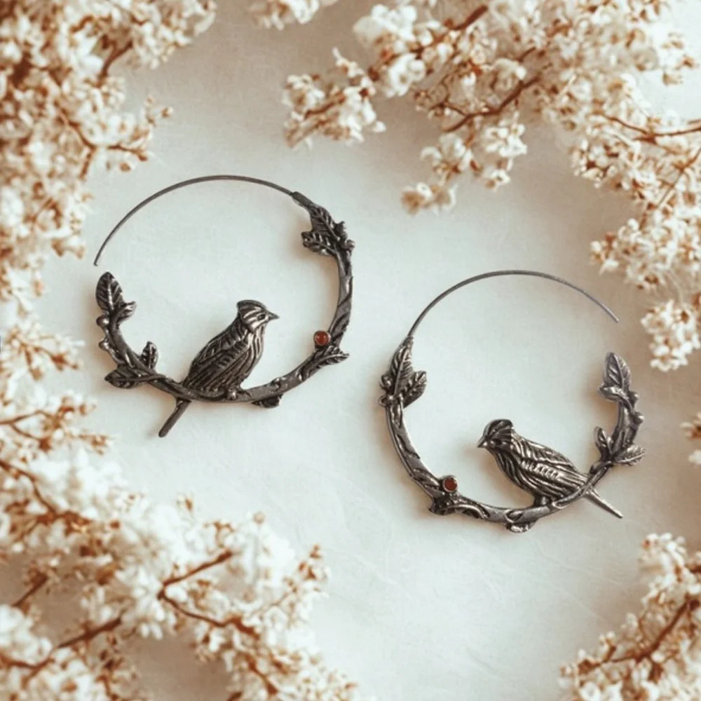 Anthropologie Bird Hoop Earrings in Antique Silver tone